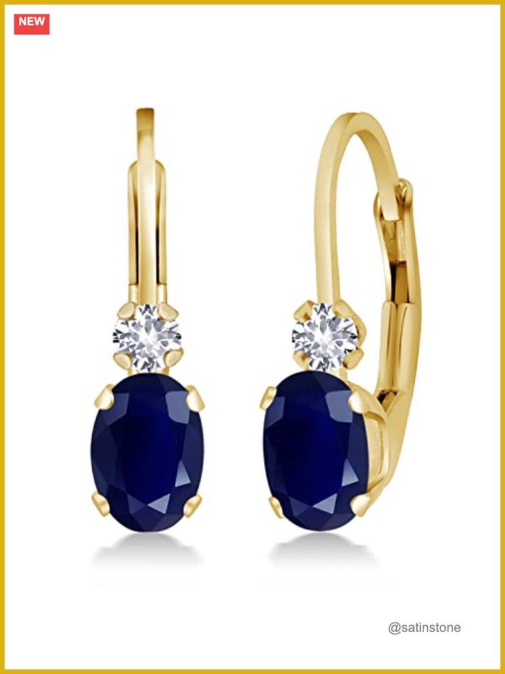 14K Yellow Gold Oval Birthstone Leverback Dangle Earrings Created Sapphire